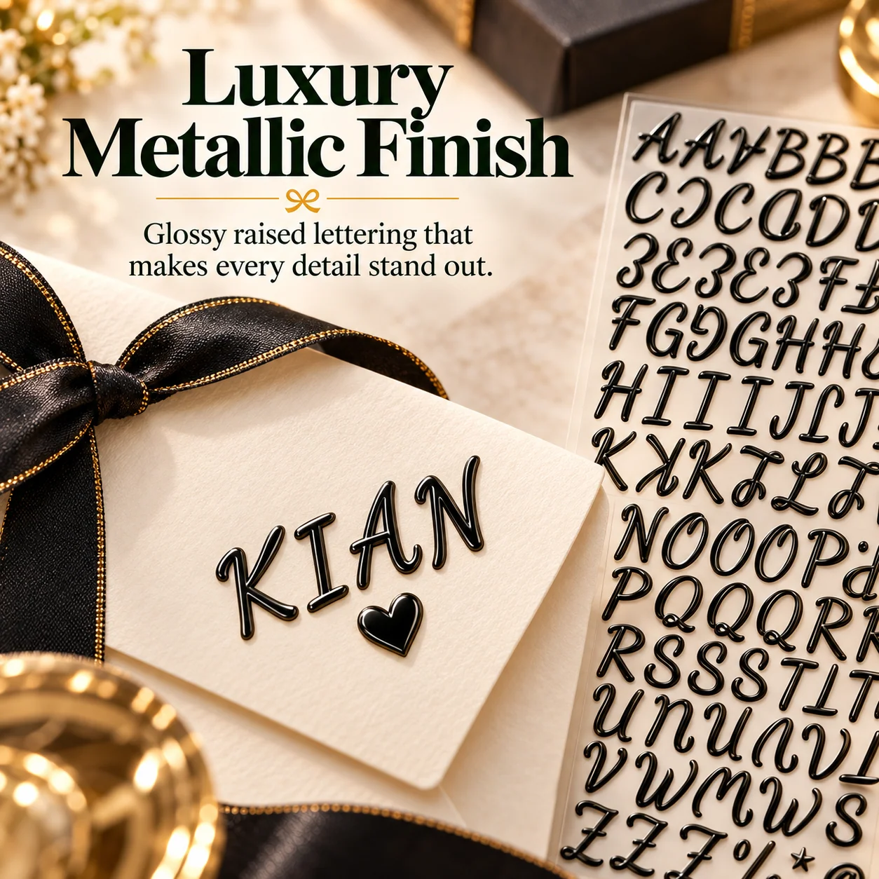 Close-up of glossy raised black alphabet letter stickers applied to an elegant ivory gift tag
