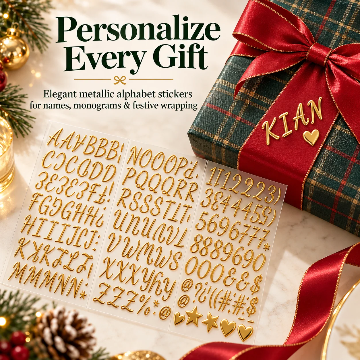 Gold metallic alphabet sticker sheet beside a Christmas present personalized with a name and heart symbol