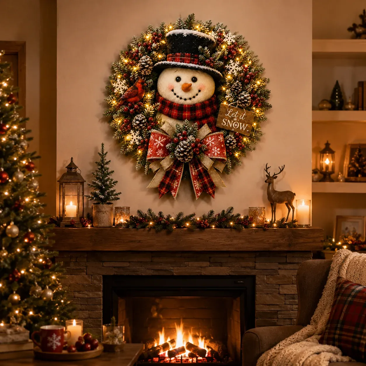 Snowman Christmas Wreath Fireplace Decor
