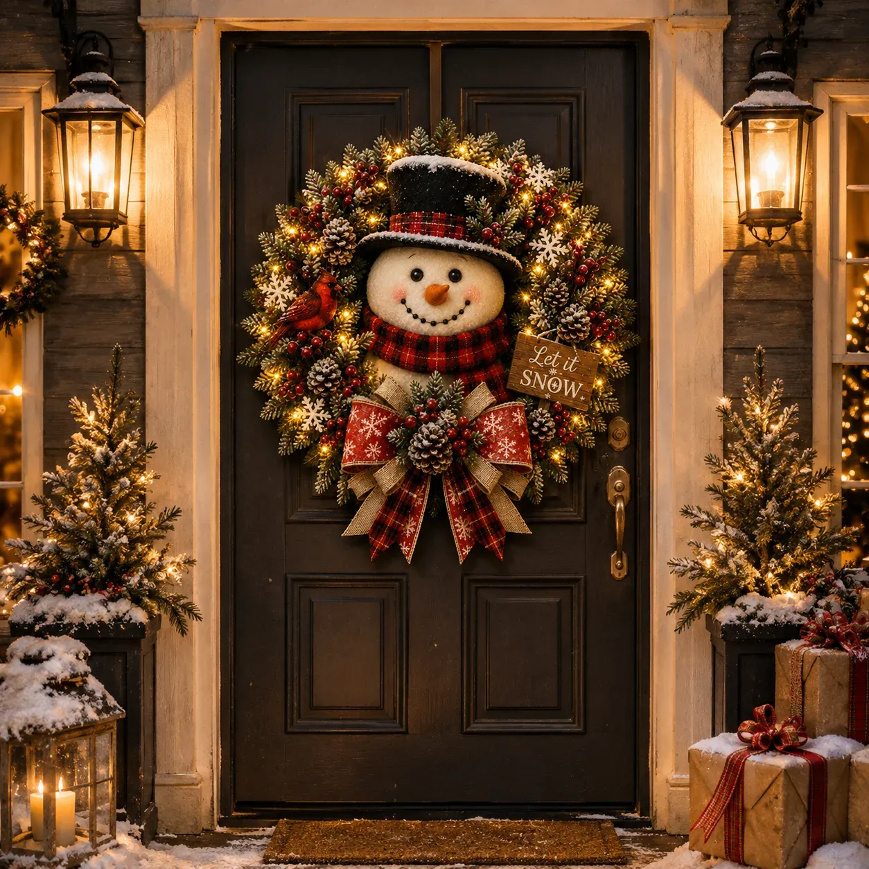 Lighted Snowman Christmas Wreath Front Door