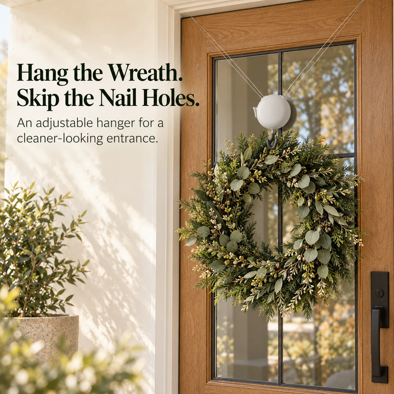 Adjustable door wreath hanger with clear suspension lines and eucalyptus wreath displayed on a wooden front door