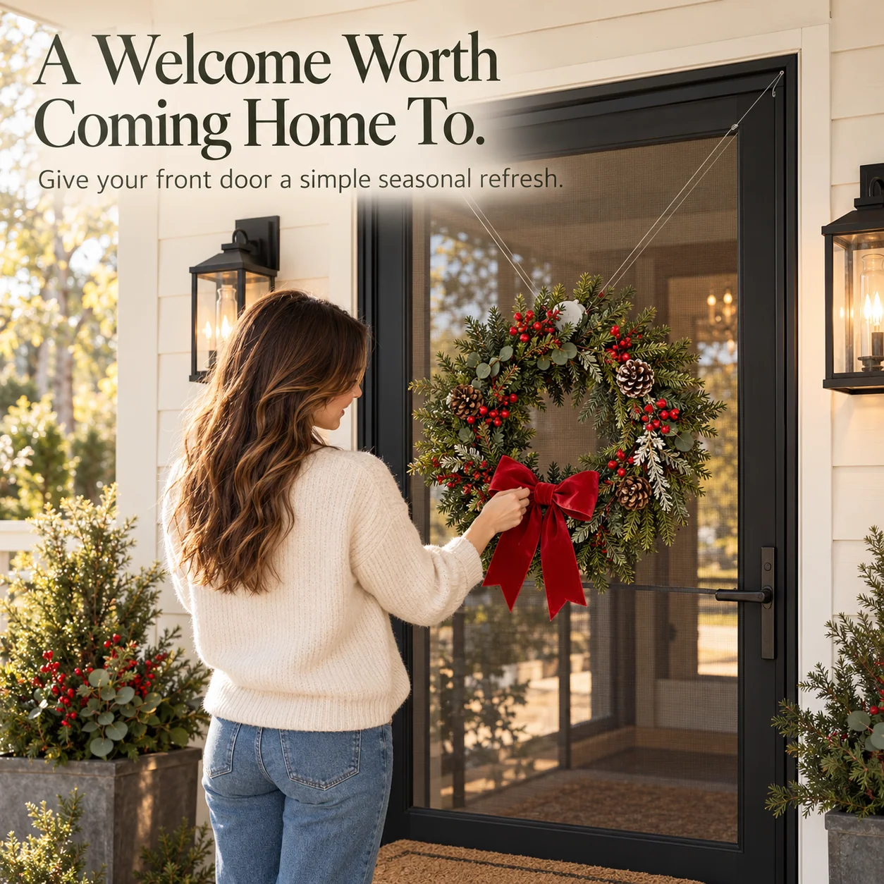 Woman adjusting a large green Christmas wreath with red ribbon on a modern dark front door