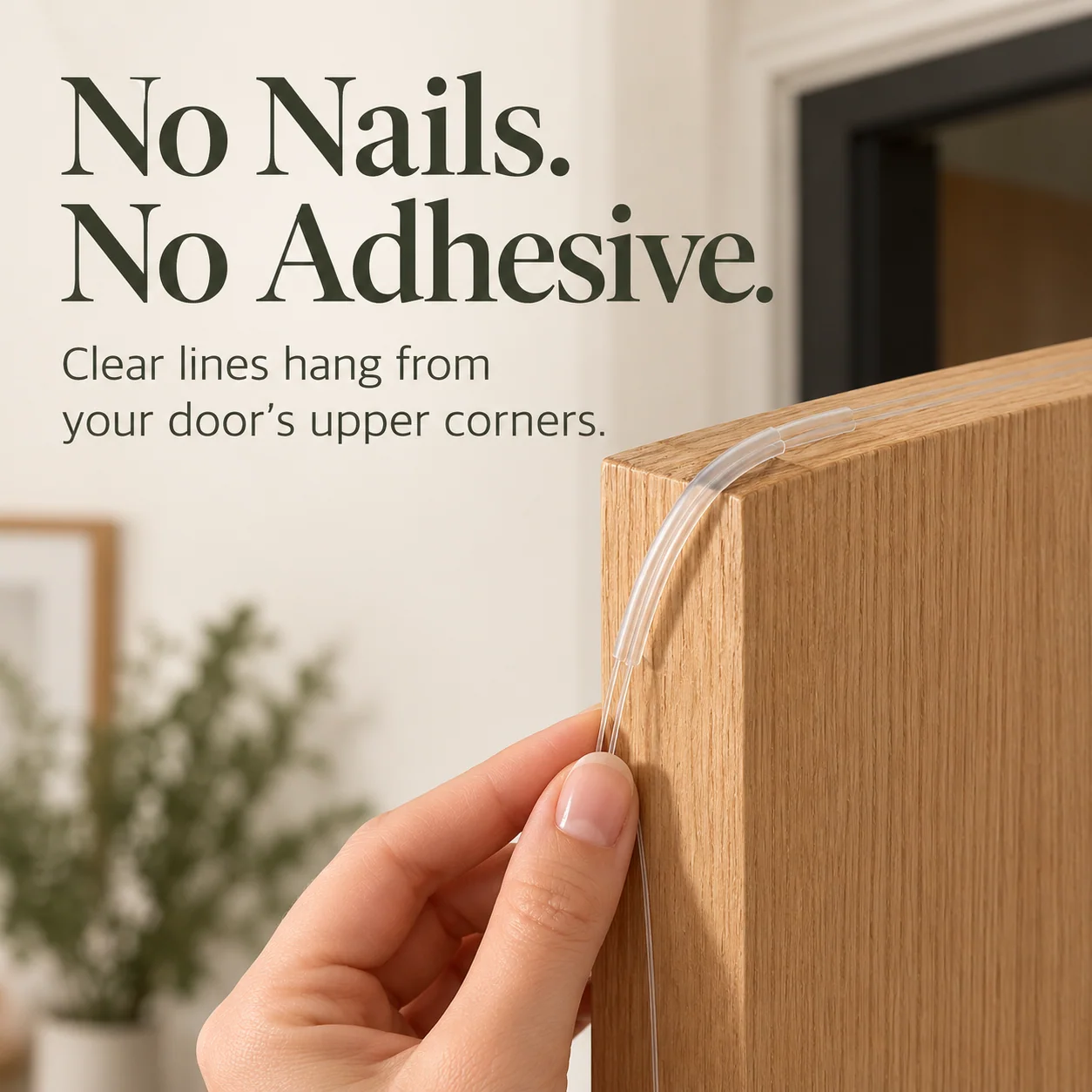 Close-up of a clear suspension line and protective sleeve wrapping over the upper corner of a wooden door