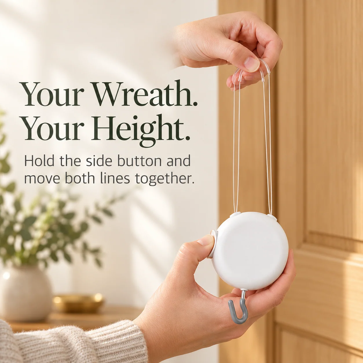 Hands operating the side button on the round white wreath hanger while holding its transparent suspension lines