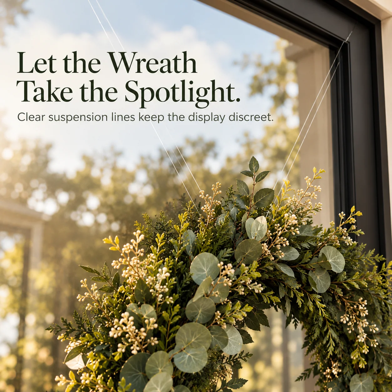 Close-up of a lush eucalyptus wreath suspended on thin clear lines at a dark door
