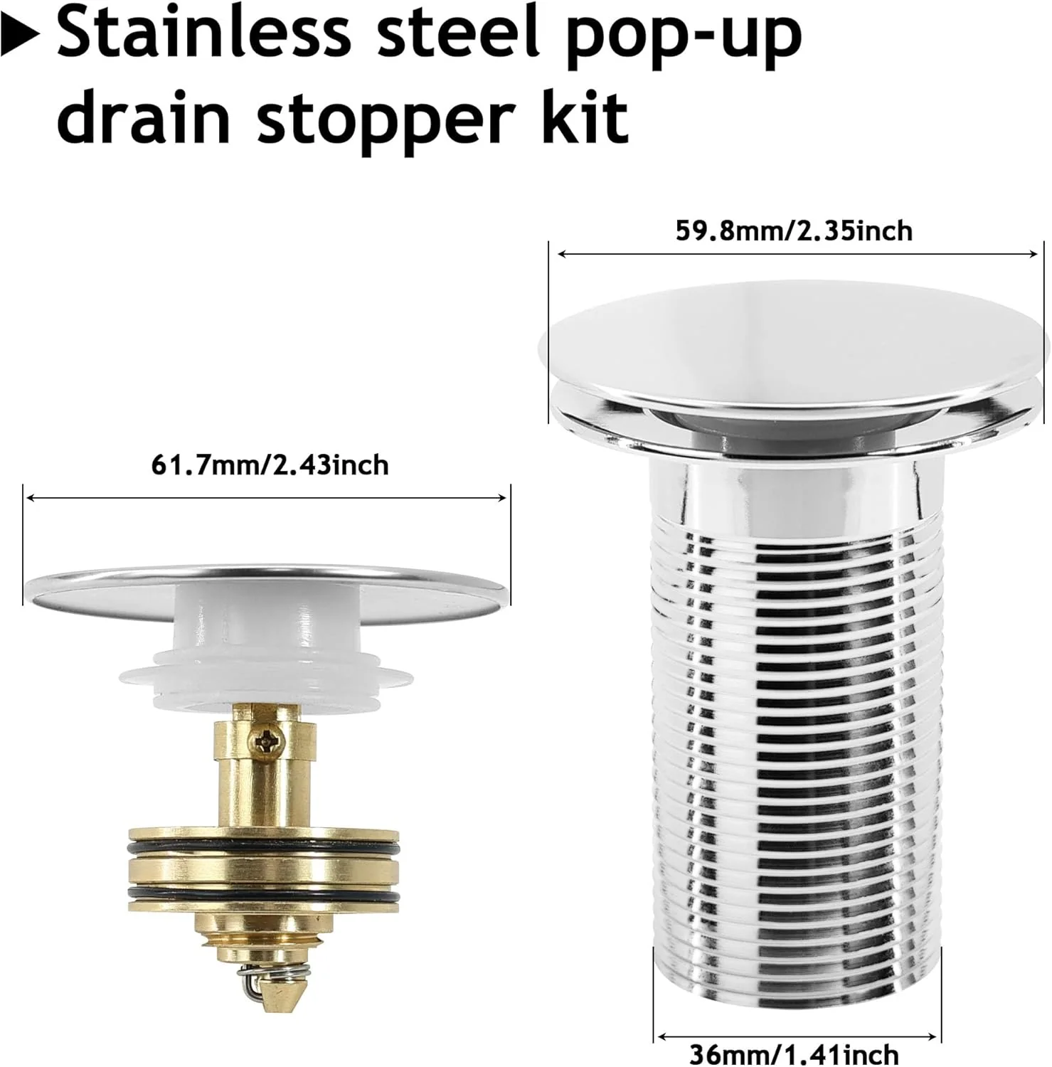 Stainless steel pop-up sink drain stopper kit with dimensions