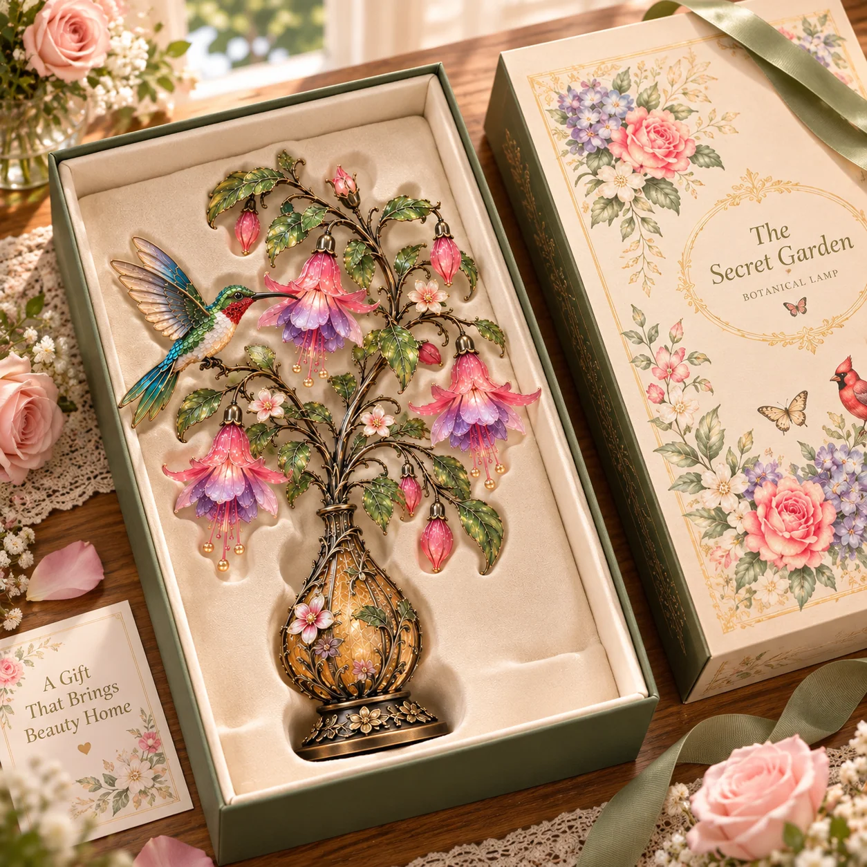 Hummingbird fuchsia flower lamp arranged in a floral gift-style presentation