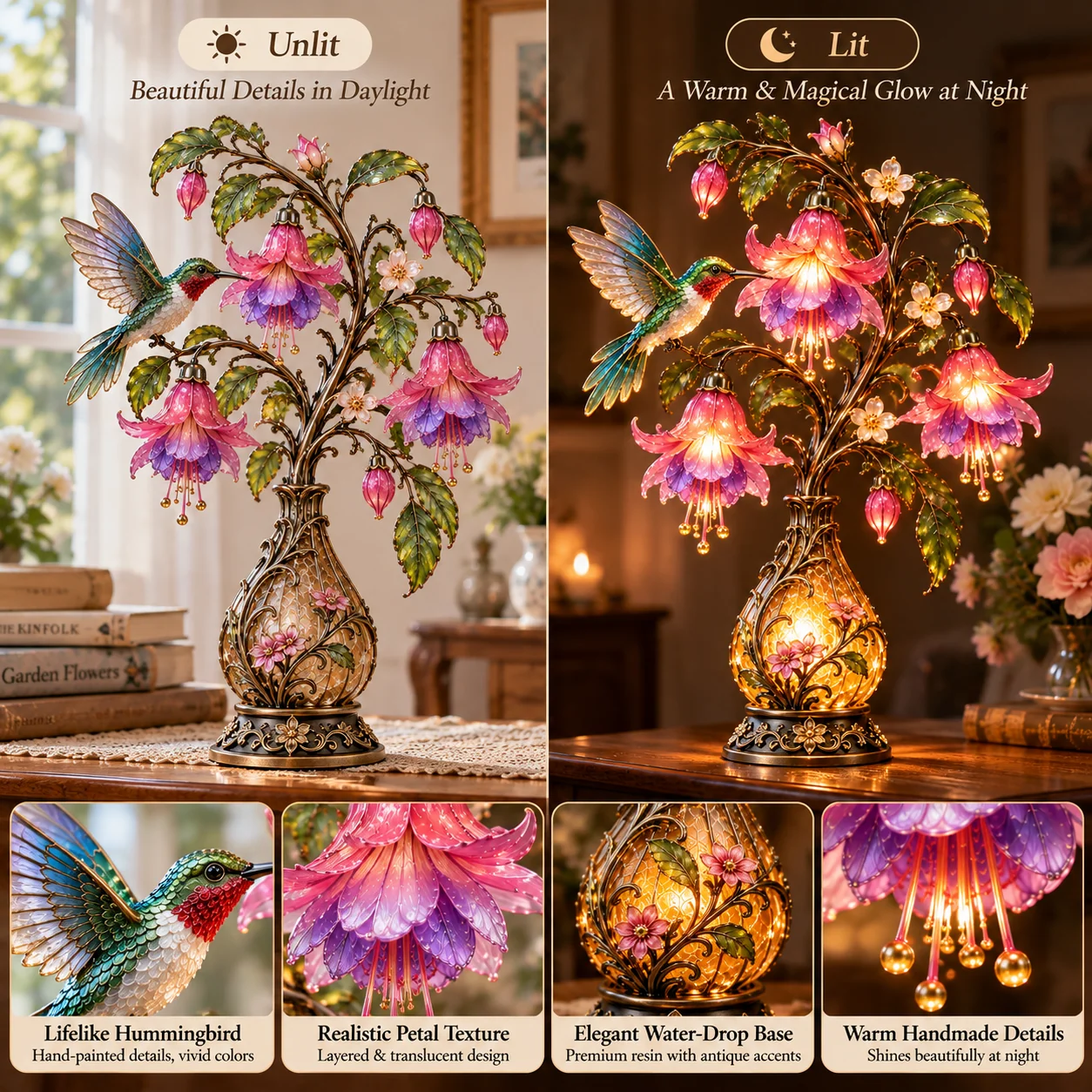 Daylight and nighttime comparison of the hummingbird fuchsia flower lamp