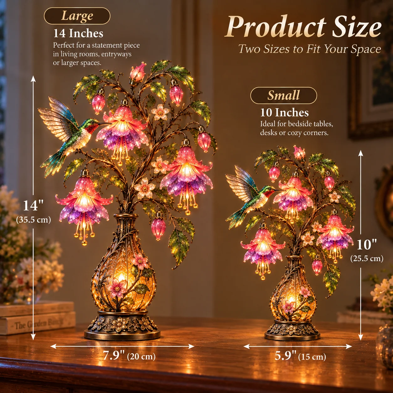 Size chart comparing the 14-inch large hummingbird lamp and the 10-inch small hummingbird lamp