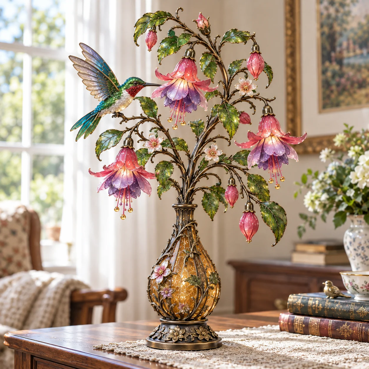 Unlit hummingbird fuchsia flower lamp displayed on a wooden side table by a window