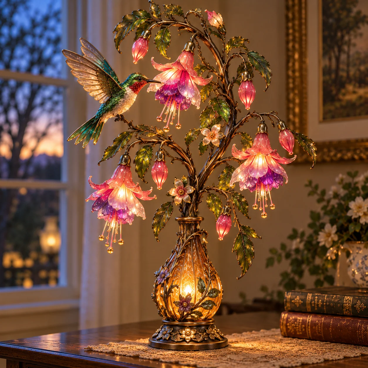 Illuminated hummingbird and fuchsia flower lamp with glowing pink-violet blossoms and golden vase