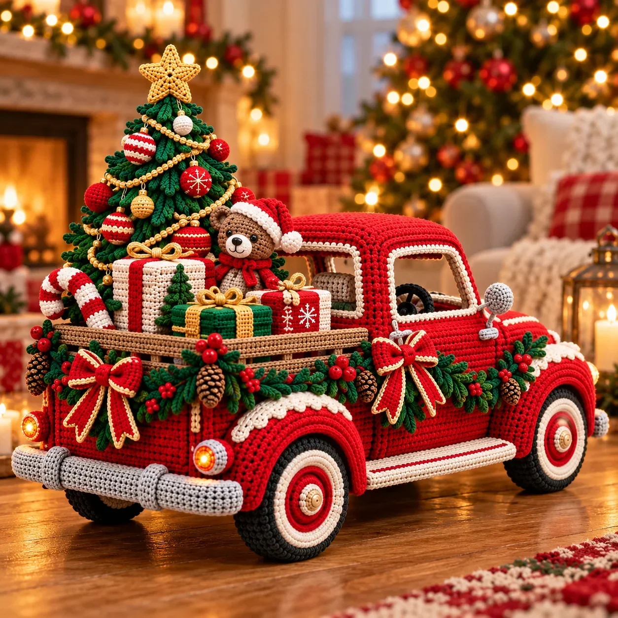 Christmas truck crochet pattern inspiration and red pickup holiday details