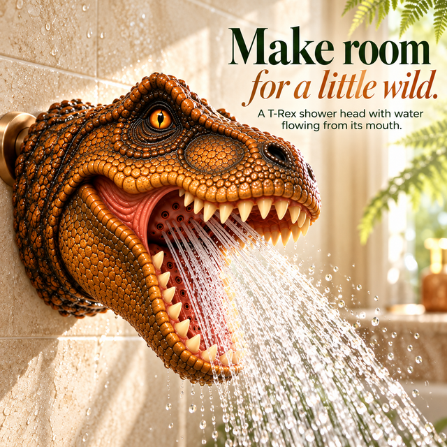 Copper-toned T-Rex shower head installed in a warm modern bathroom