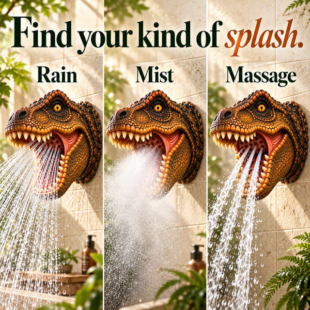 Three illustrated water spray modes for the T-Rex shower head