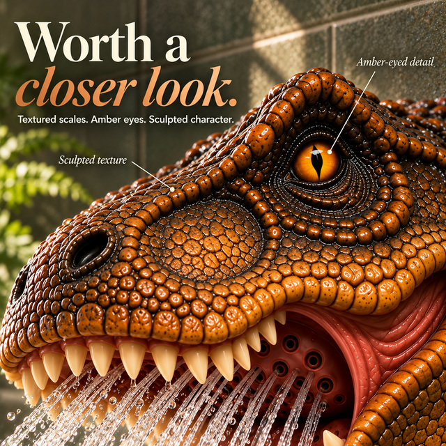 Close-up of the amber eye and copper-toned scales on the T-Rex shower head