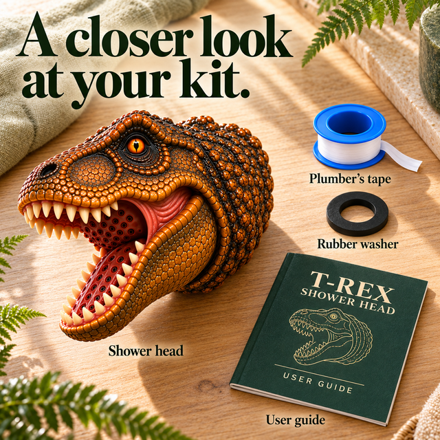 T-Rex shower head kit and its illustrated installation essentials