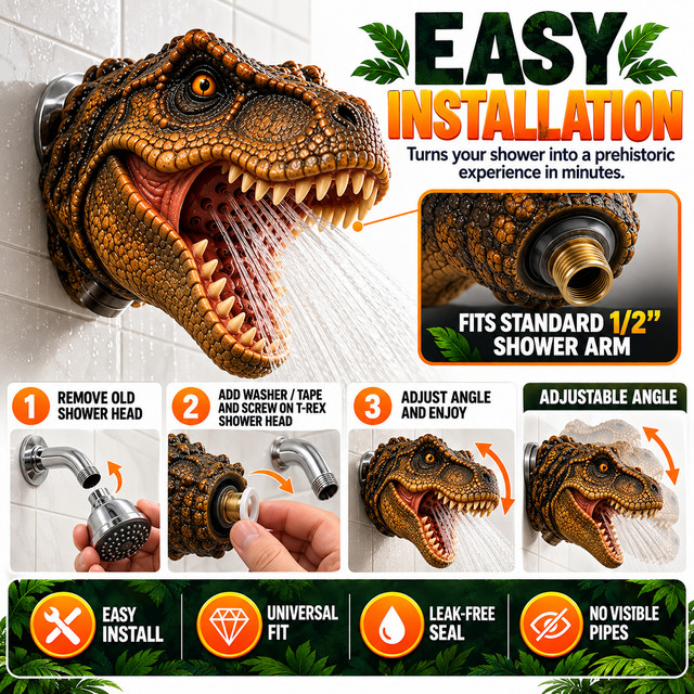 T-Rex shower head presented as a distinctive gift for dinosaur fans