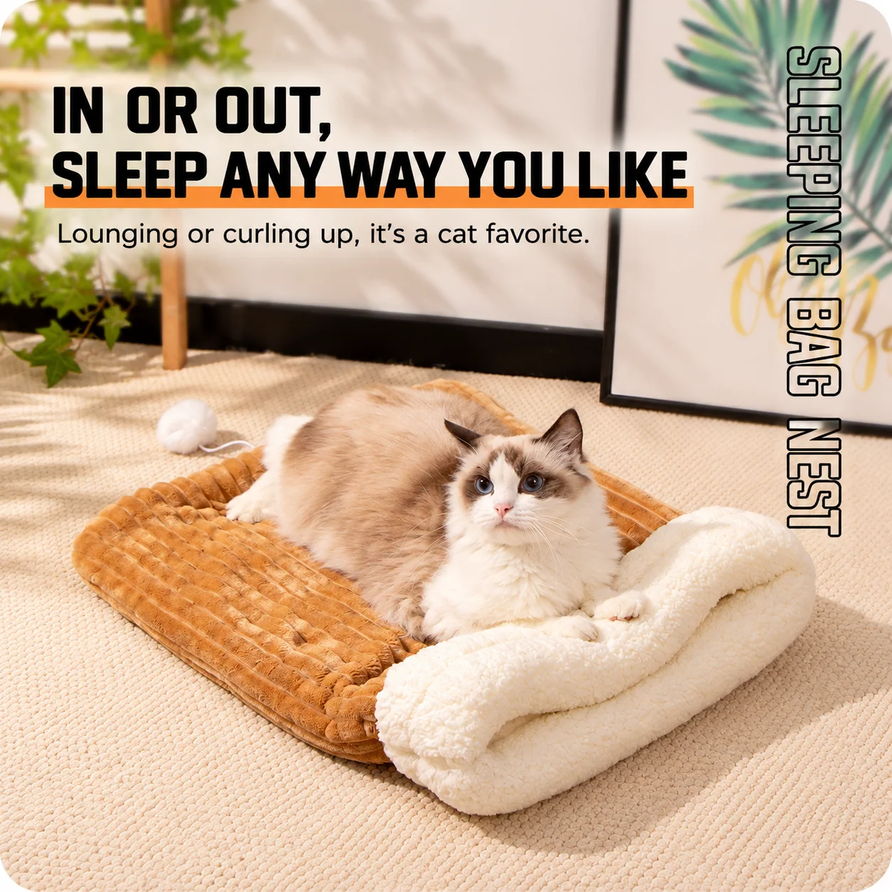 Pet sleeping inside plush burrow style pet bed