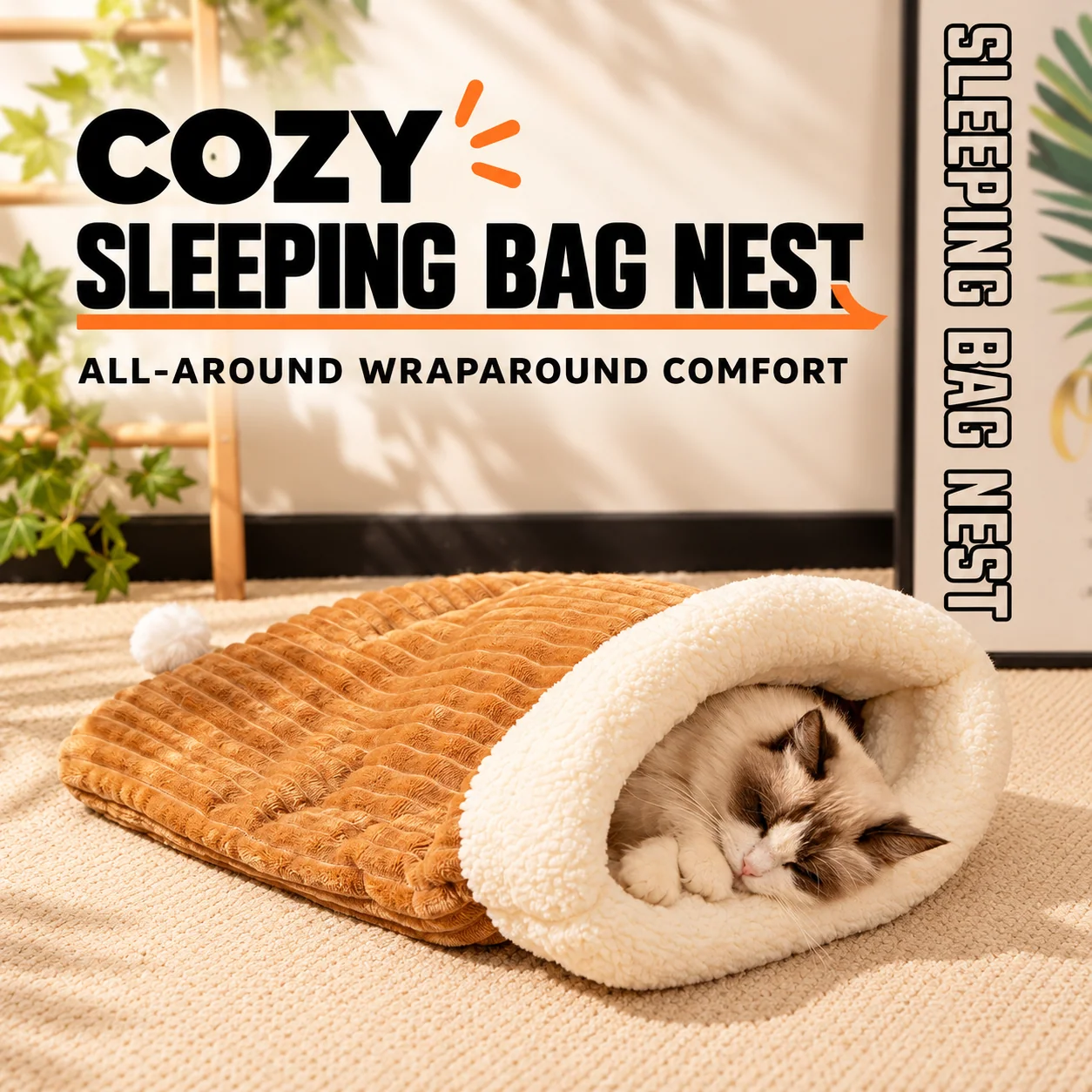 Cat sleeping comfortably in plush pet sleeping bag
