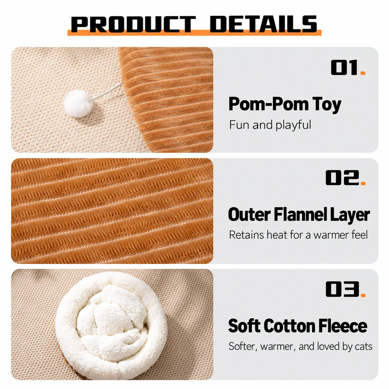 Pet sleeping bag plush details and pom pom