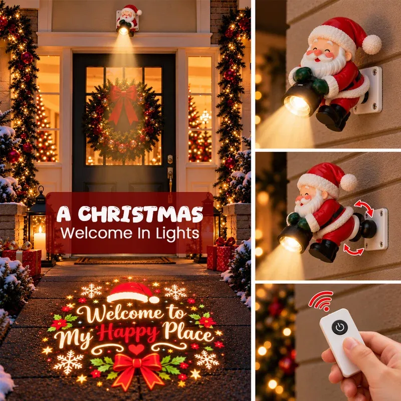 Welcome to My Happy Place Christmas projection with snowflakes, stars, holly and a bow