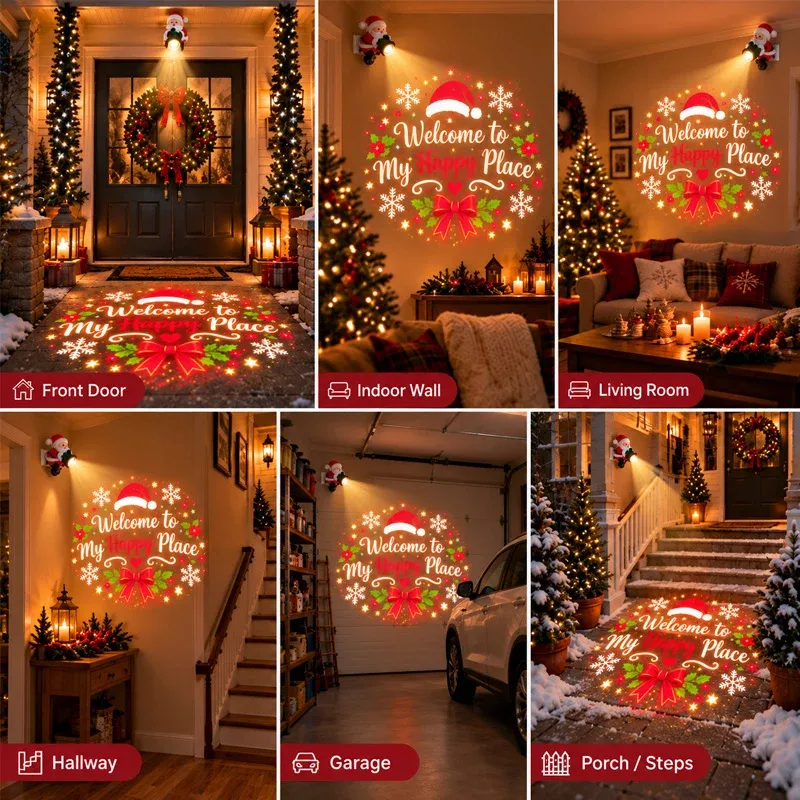 Santa welcome projector incorporated into a Christmas home display