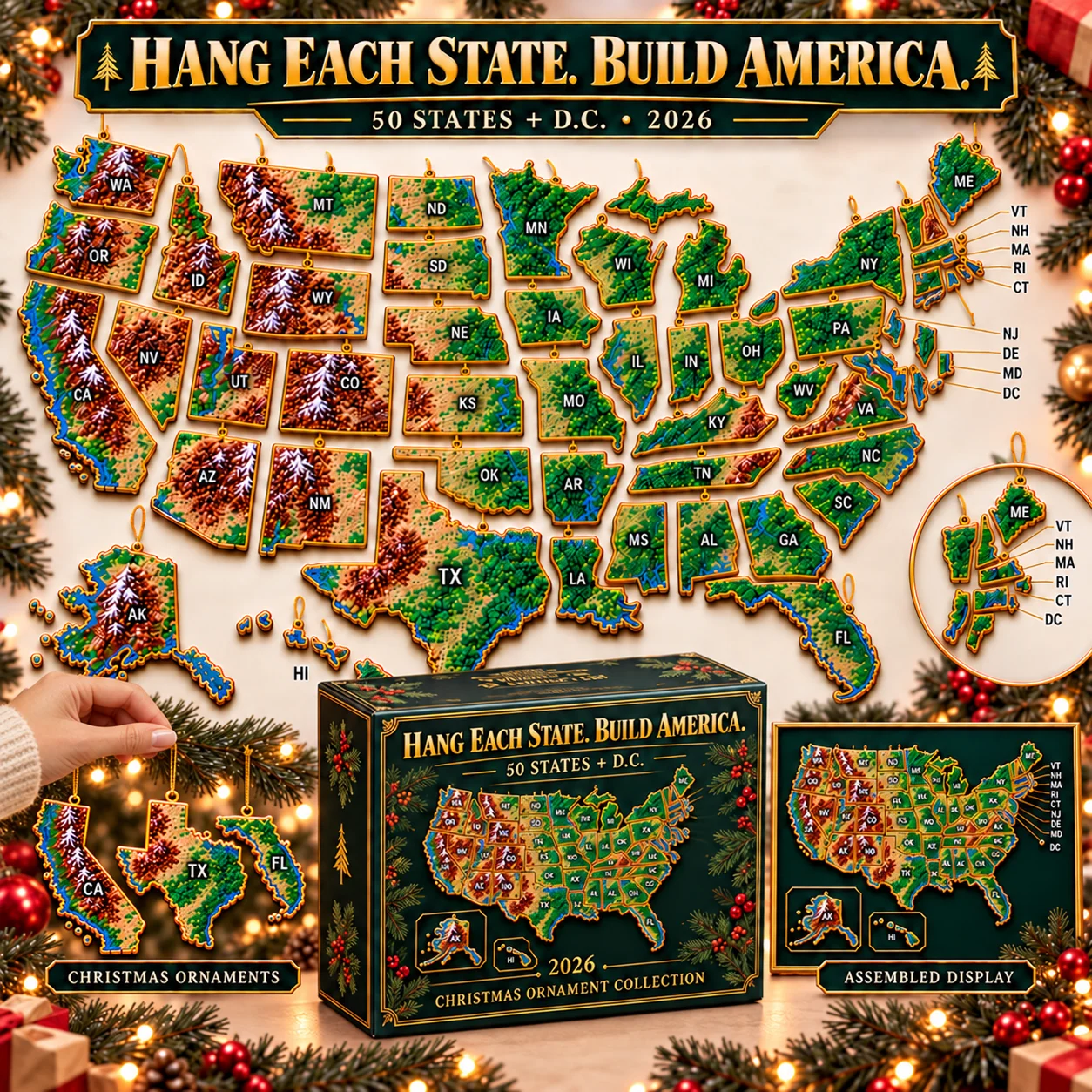 U.S. states and Washington D.C. themed Christmas ornament collection with colorful landscape designs