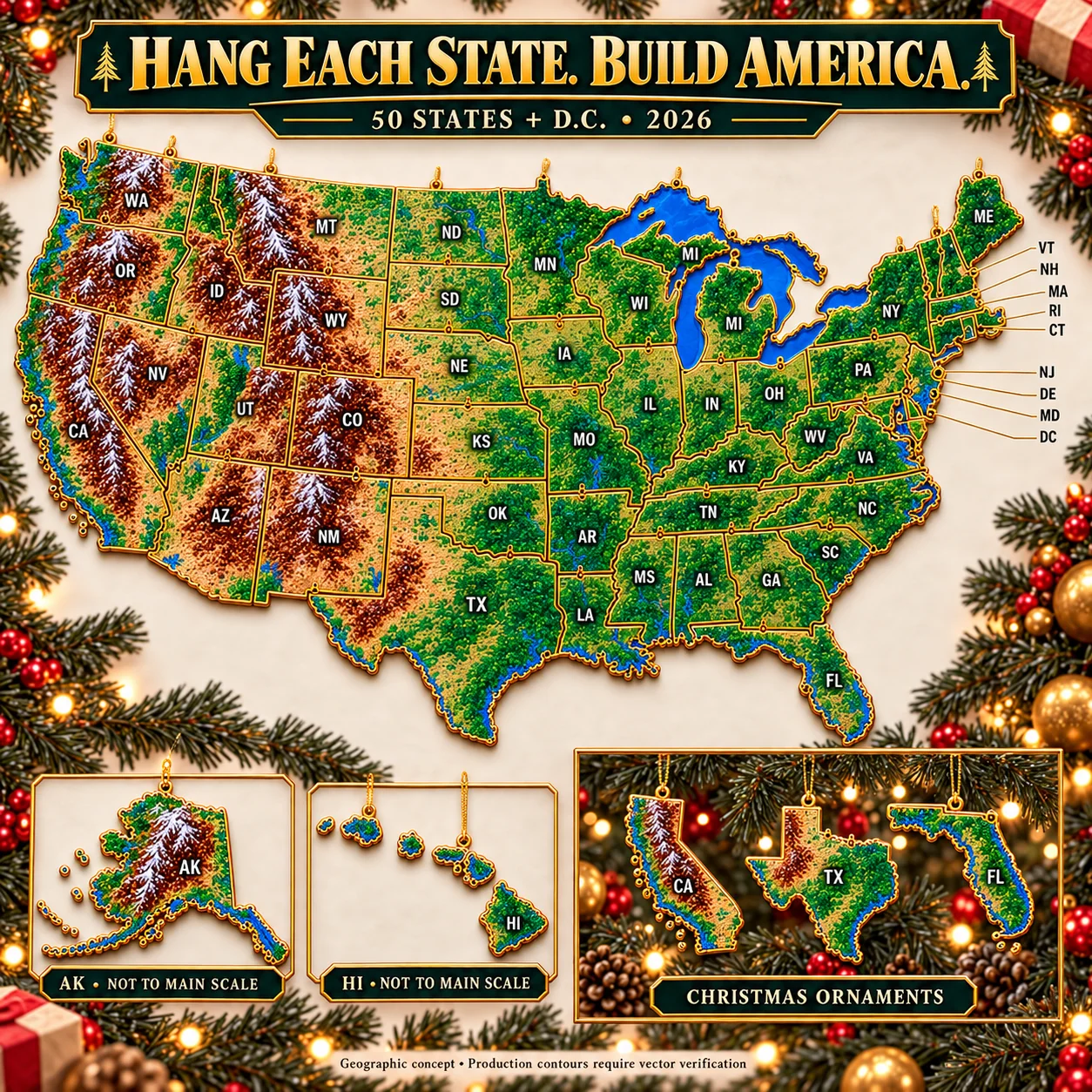 Map-inspired display concept for U.S. state Christmas ornament collection