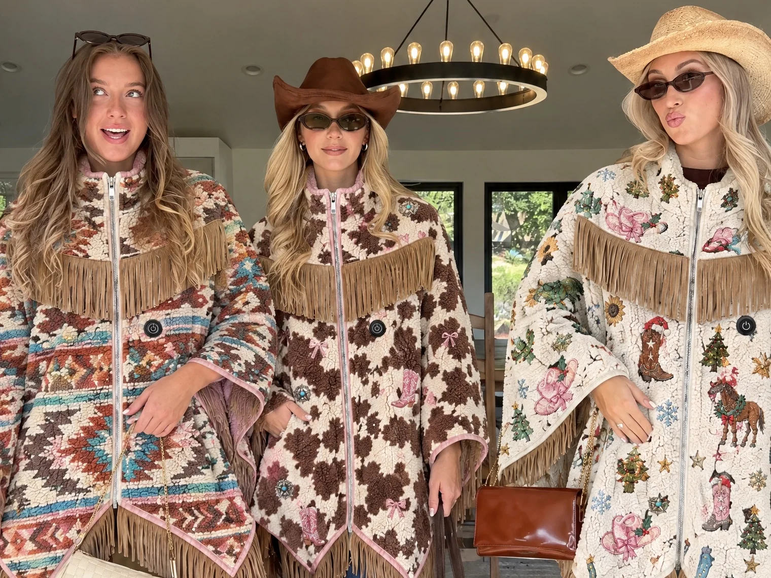 Women wearing western heated fringe ponchos