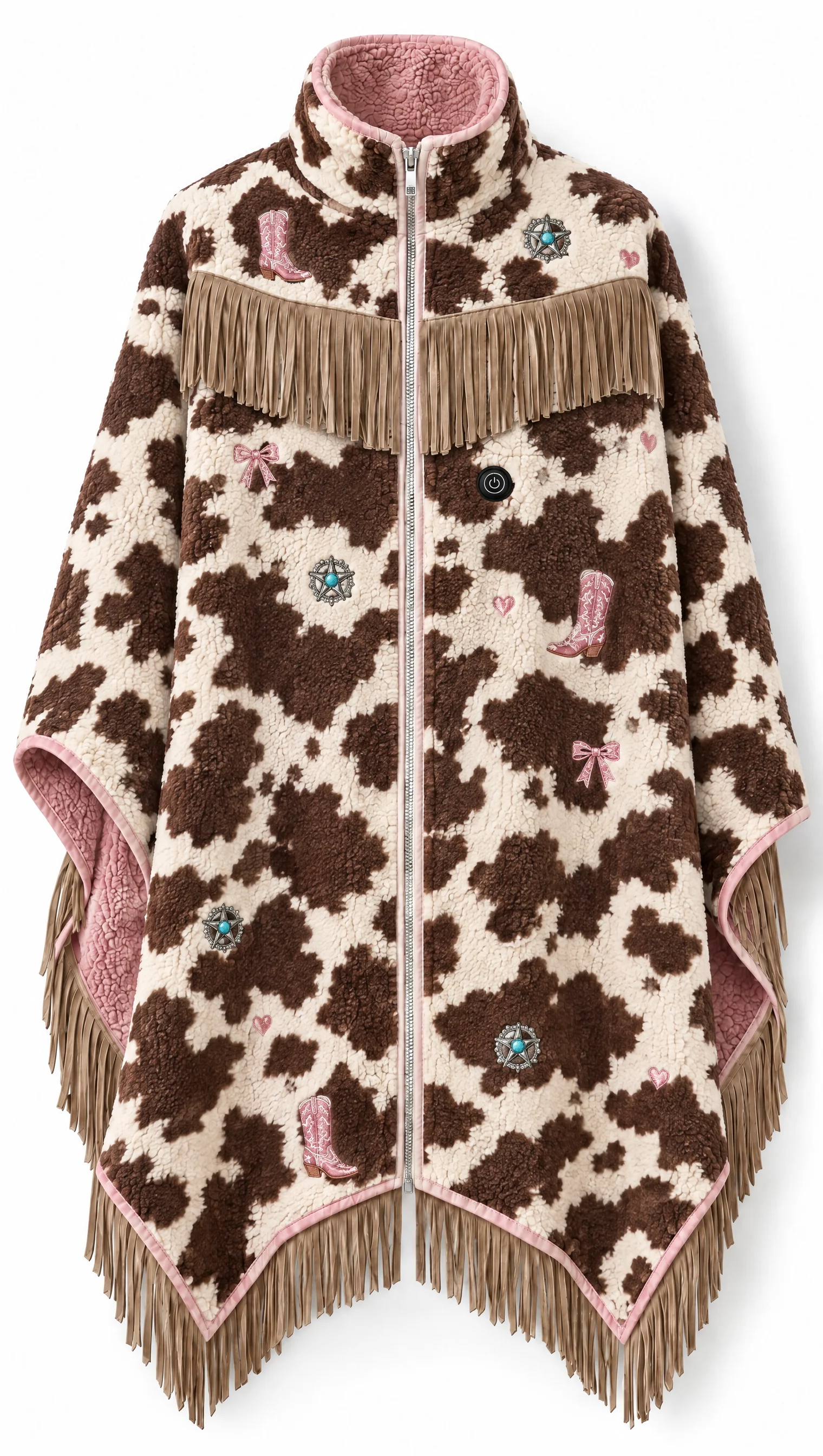 Cowhide western heated sherpa fringe poncho