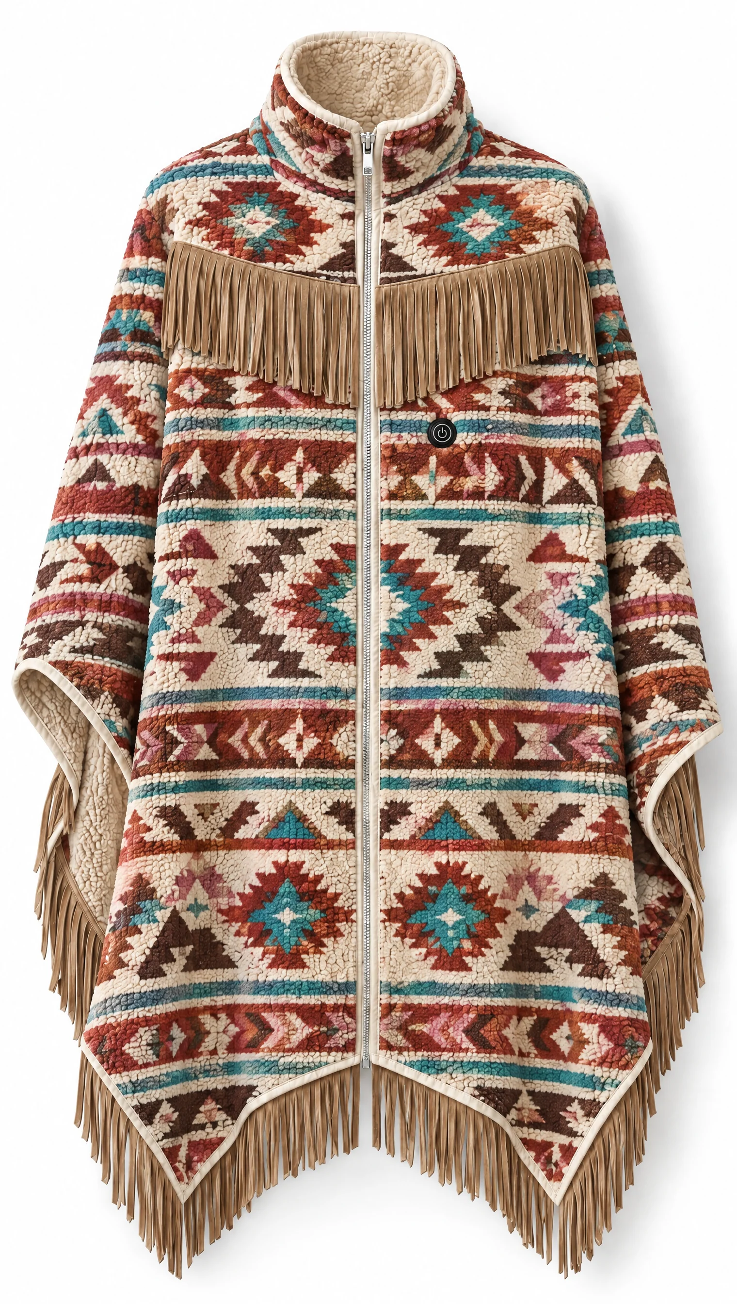 Aztec western sherpa fringe heated poncho