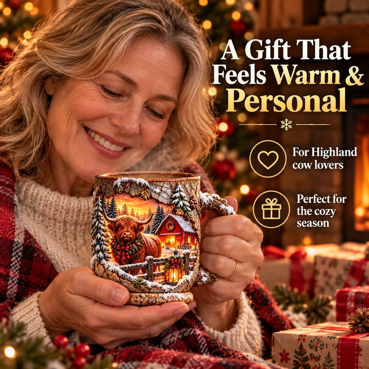 Couple sharing a cozy morning with Highland Cow Christmas mugs