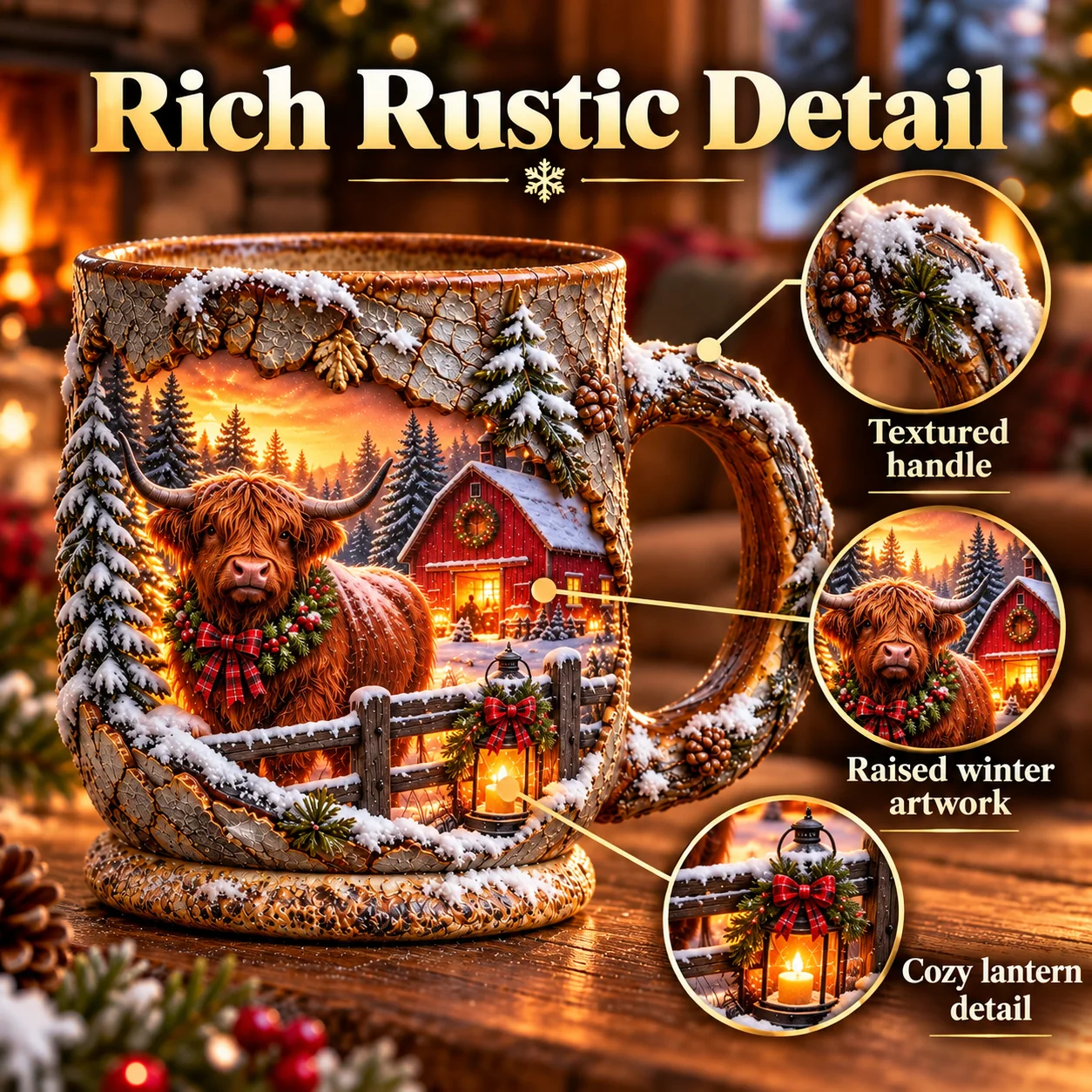 Highland Cow Christmas mug with hot cocoa in a cozy winter farmhouse