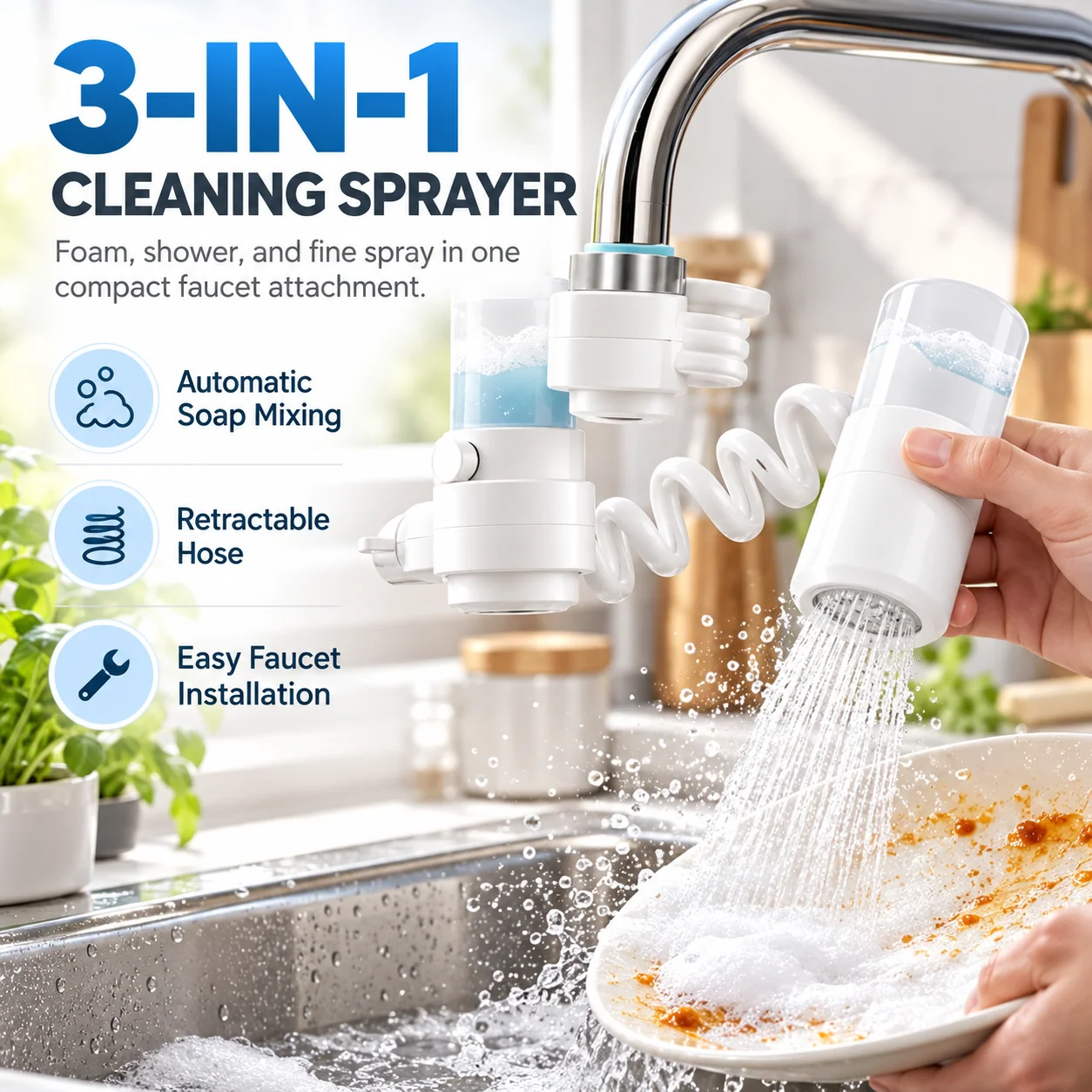 Three-in-one faucet cleaning sprayer with foam, shower and fine spray modes, automatic soap mixing and retractable hose