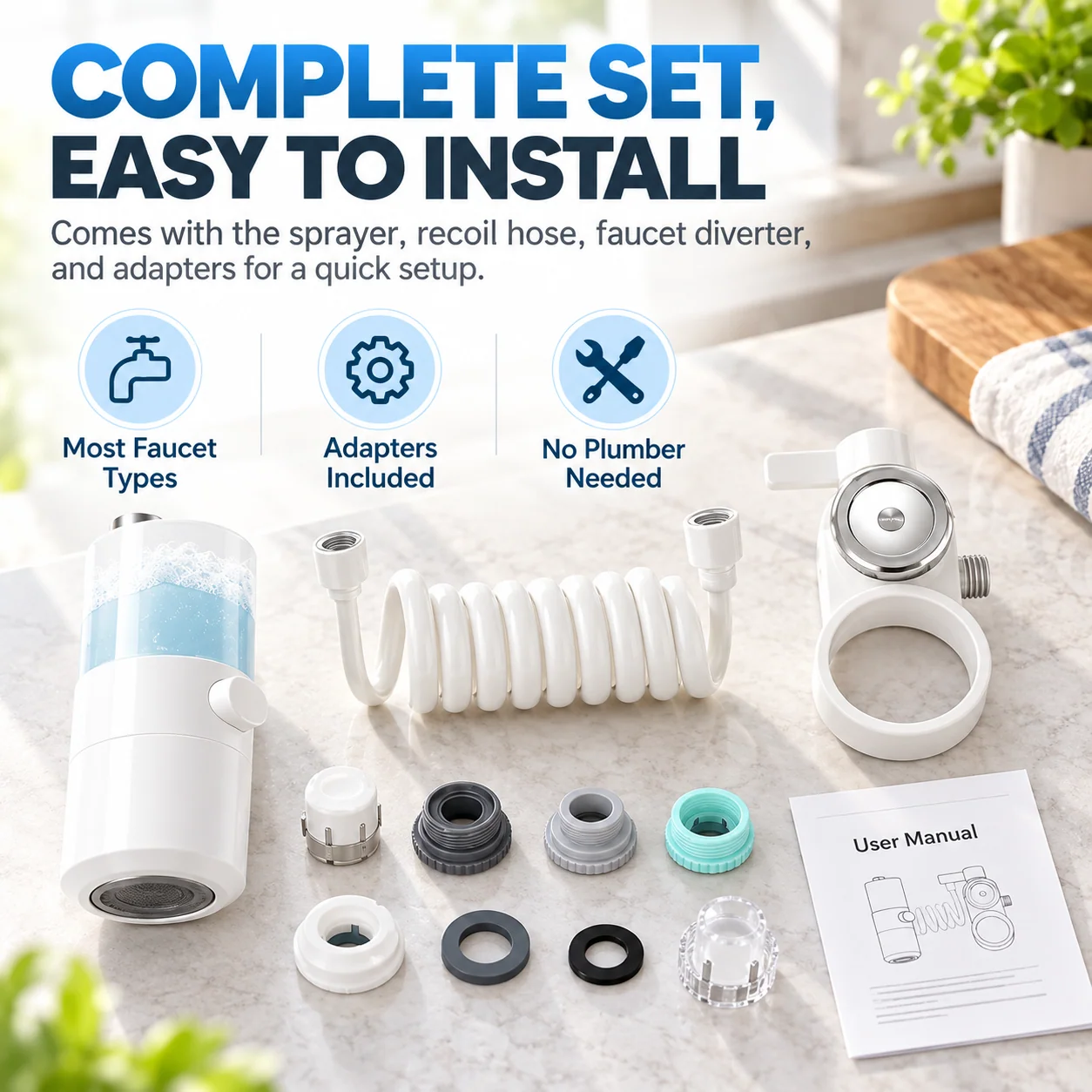 Complete faucet sprayer kit with recoil hose, faucet diverter, adapters, sealing gaskets and user manual