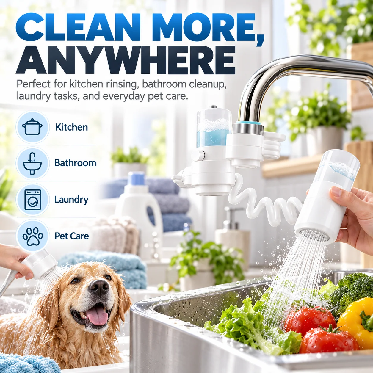Retractable faucet sprayer used for kitchen rinsing, bathroom cleaning, laundry and pet care