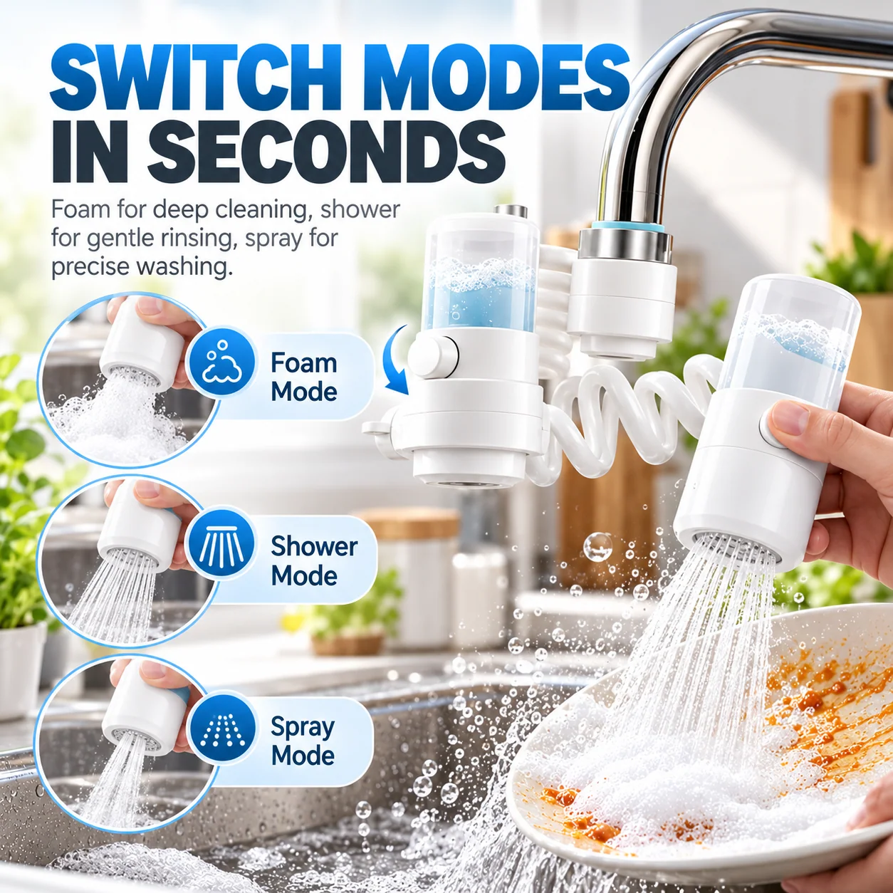 Three selectable faucet sprayer modes showing foam bubbles, gentle shower water and fine spray