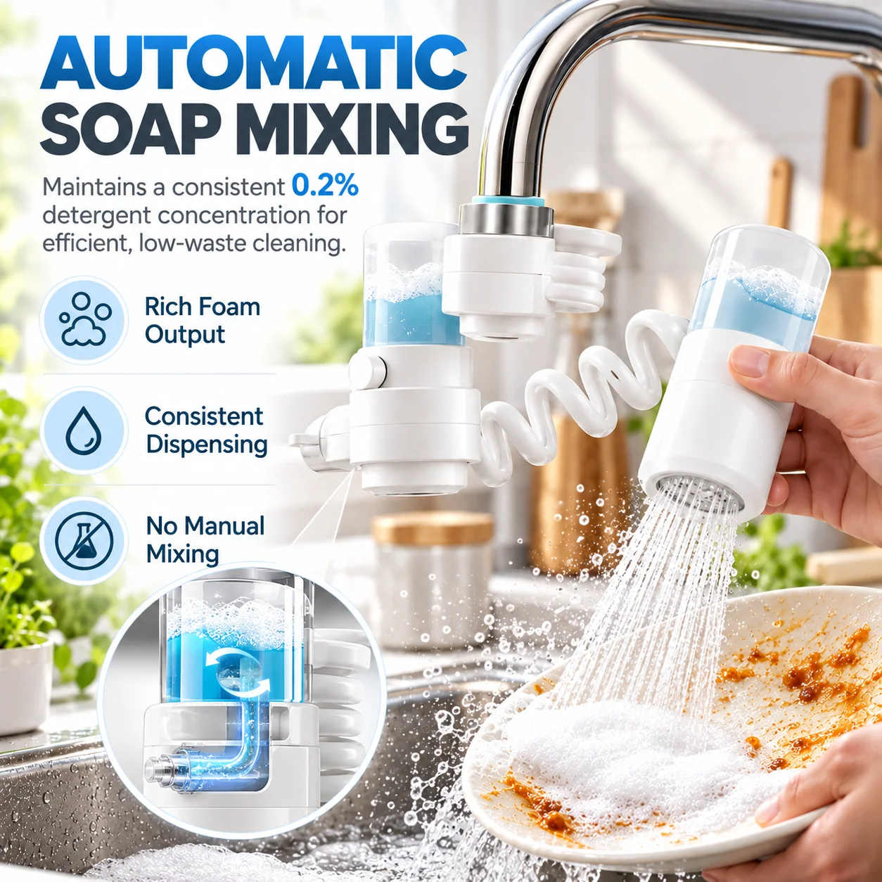 Automatic detergent mixing bottle with 0.2 percent concentration and foam dispensing mechanism
