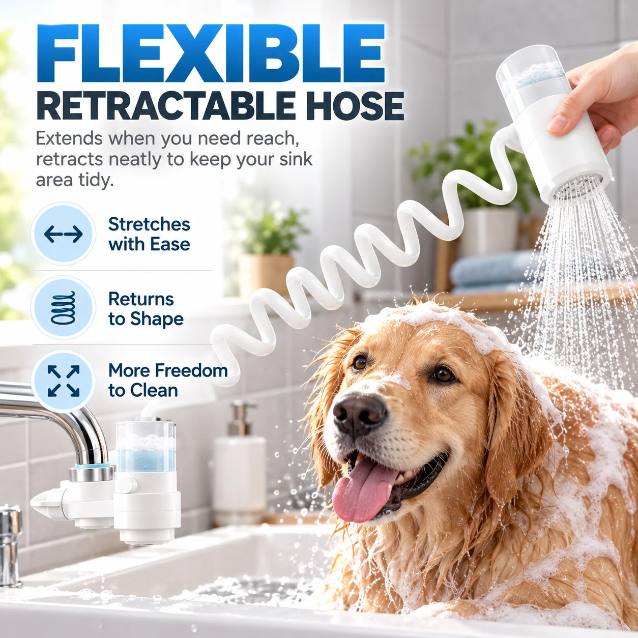 Flexible coiled retractable faucet hose being used to wash a golden retriever