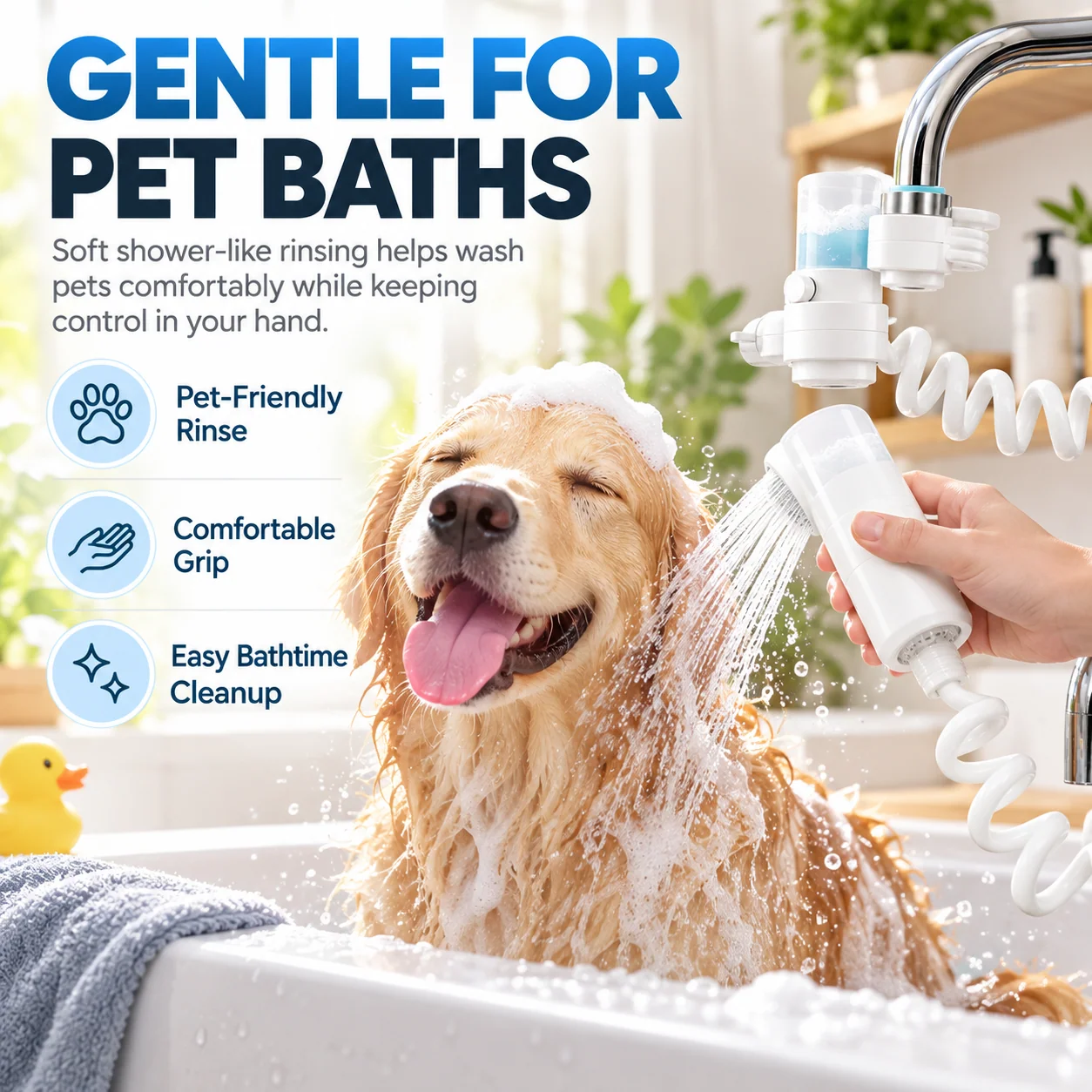 Golden retriever receiving a gentle bath with the flexible three-mode faucet washing sprayer