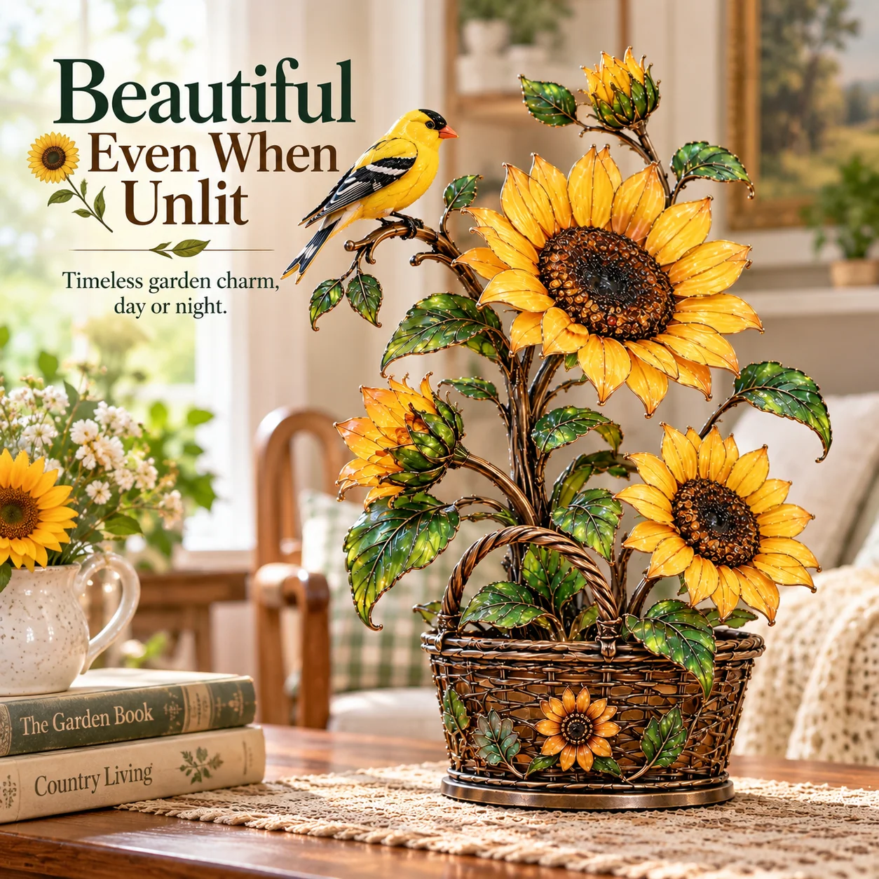 Unlit sunflower lamp with yellow goldfinch and bronze basket shown in a bright sunlit room