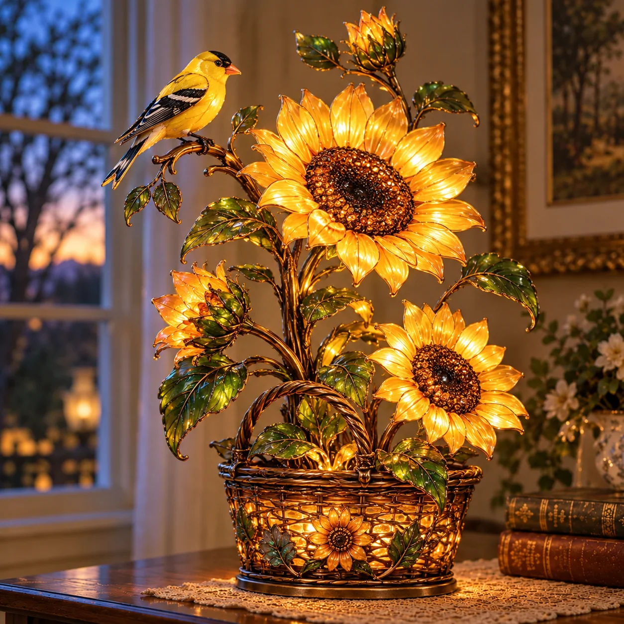Golden sunflower and yellow goldfinch basket lamp with flowers and woven-look base glowing amber at dusk