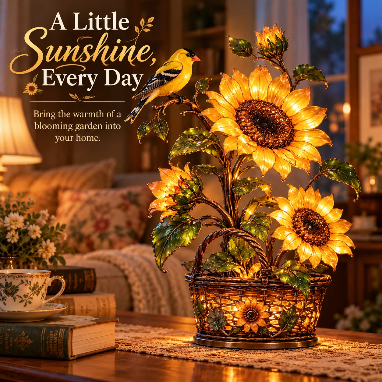 Warm golden sunflower basket lamp with perched goldfinch lit in a cozy room with floral accents and books