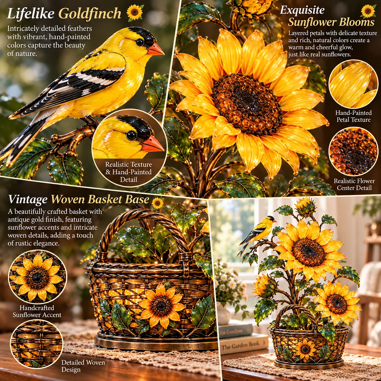 Product details of golden goldfinch, layered sunflower petals, textured centers and woven-looking vintage basket base
