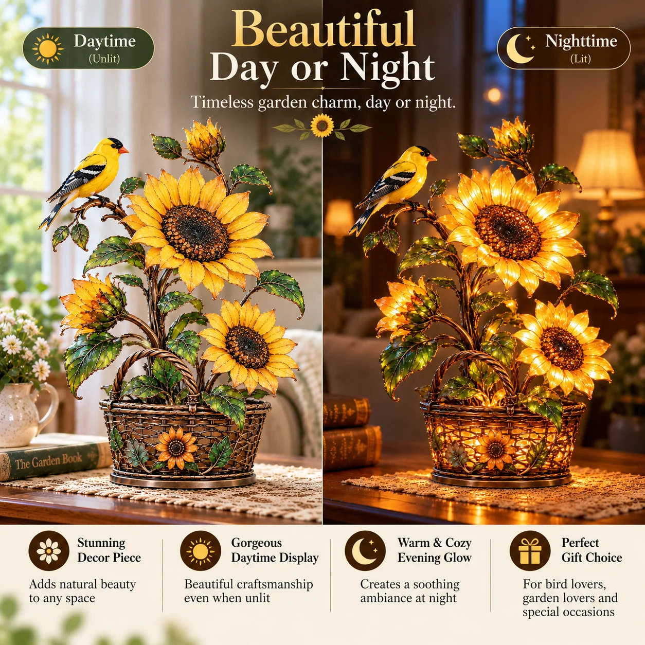 Side-by-side daytime unlit and nighttime illuminated comparison of the golden sunflower goldfinch lamp