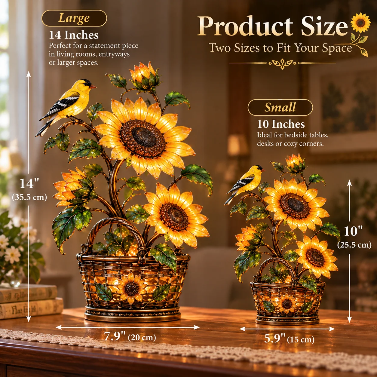 Original product size graphic comparing the 14-inch large and 10-inch small sunflower goldfinch basket lamp