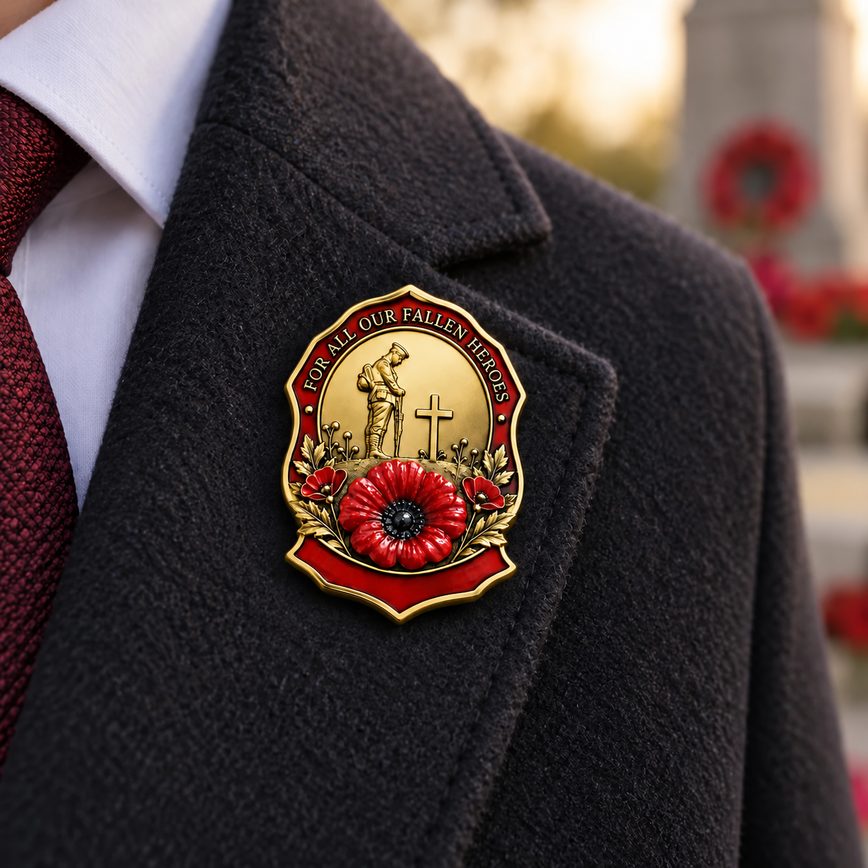 Detailed red poppy remembrance brooch