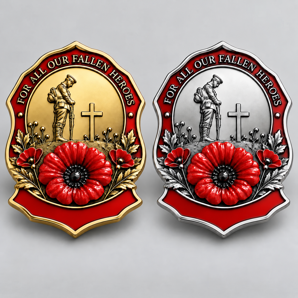 Red poppy remembrance brooch worn as a commemorative pin
