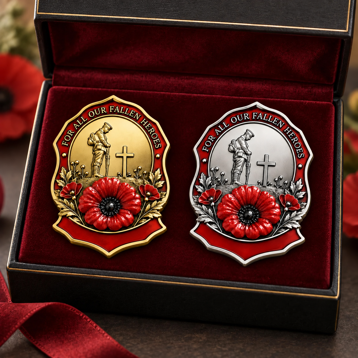 Red poppy commemorative brooch detail