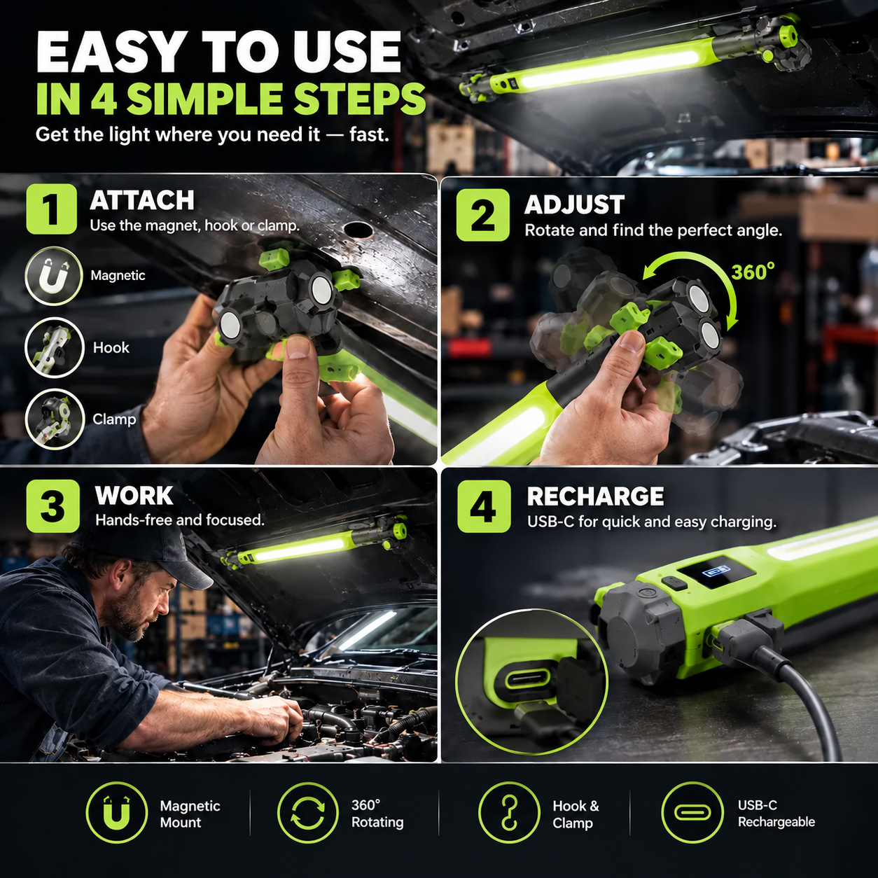 LED work light illumination for workshop and vehicle repairs